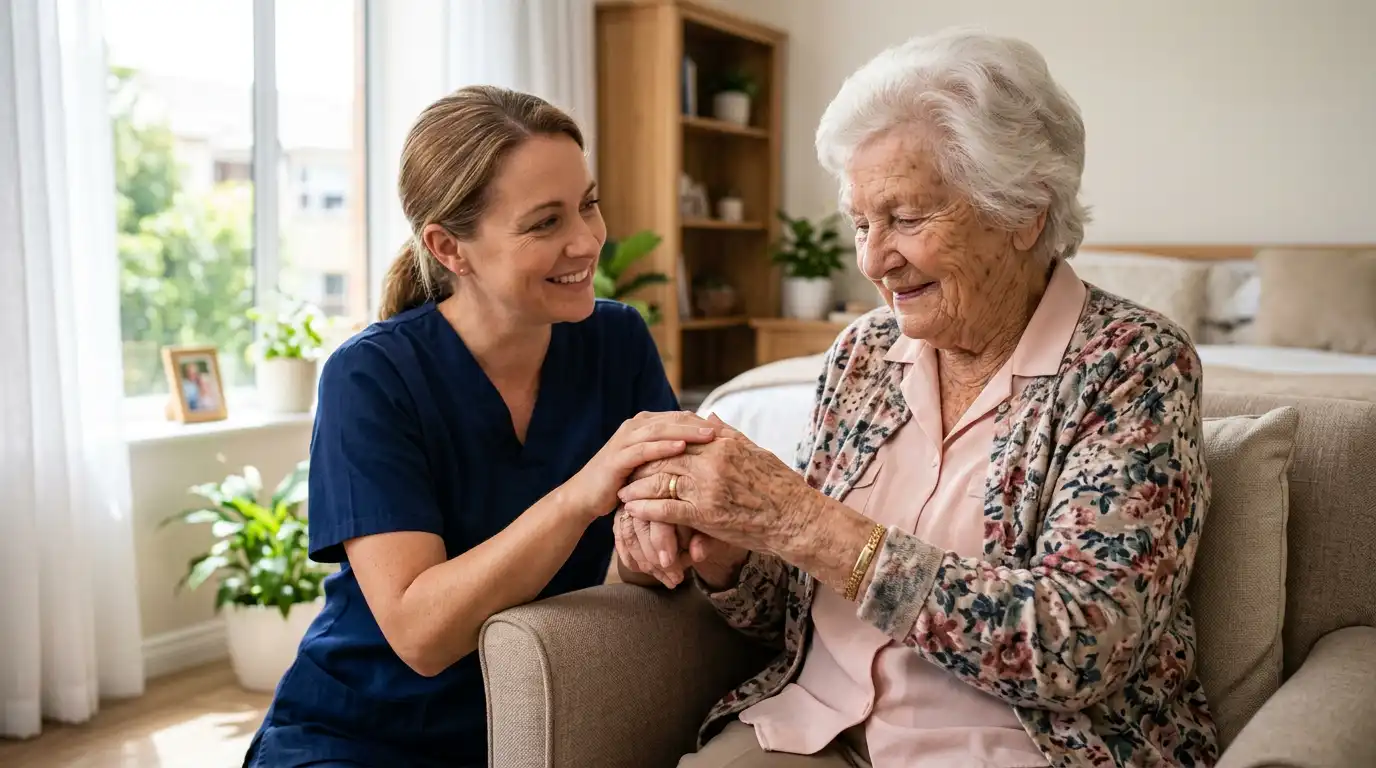 Caregiver supporting elderly nursing home resident in North Carolina