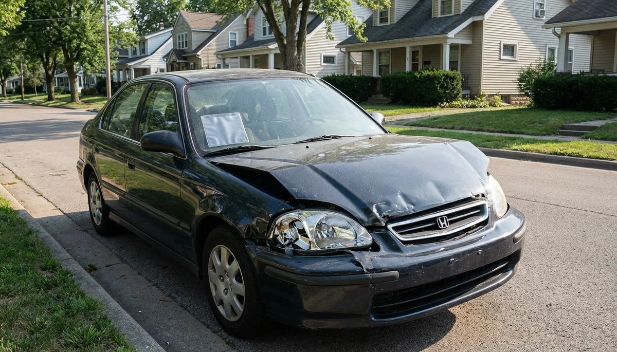 Damaged car with front-end collision damage parked on a residential street, representing uninsured motorist accidents in North Carolina