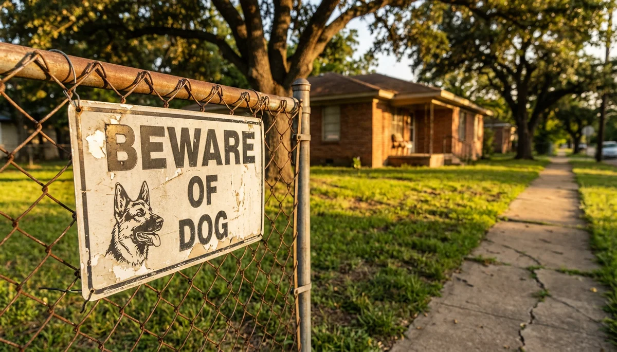 Beware of Dog sign on a chain-link fence in a suburban neighborhood, representing North Carolina dog bite liability