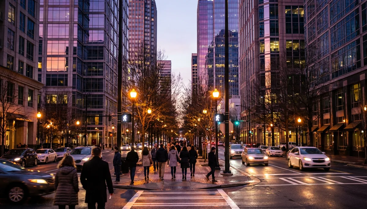 Charlotte NC downtown intersection at dusk with pedestrians crossing, representing pedestrian accident risks in the city