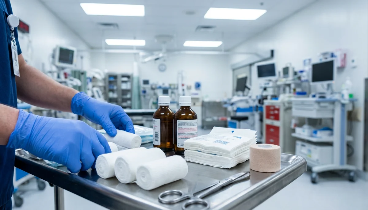 Medical professional preparing wound care supplies including bandages and antiseptic in an emergency room, representing urgent dog bite treatment