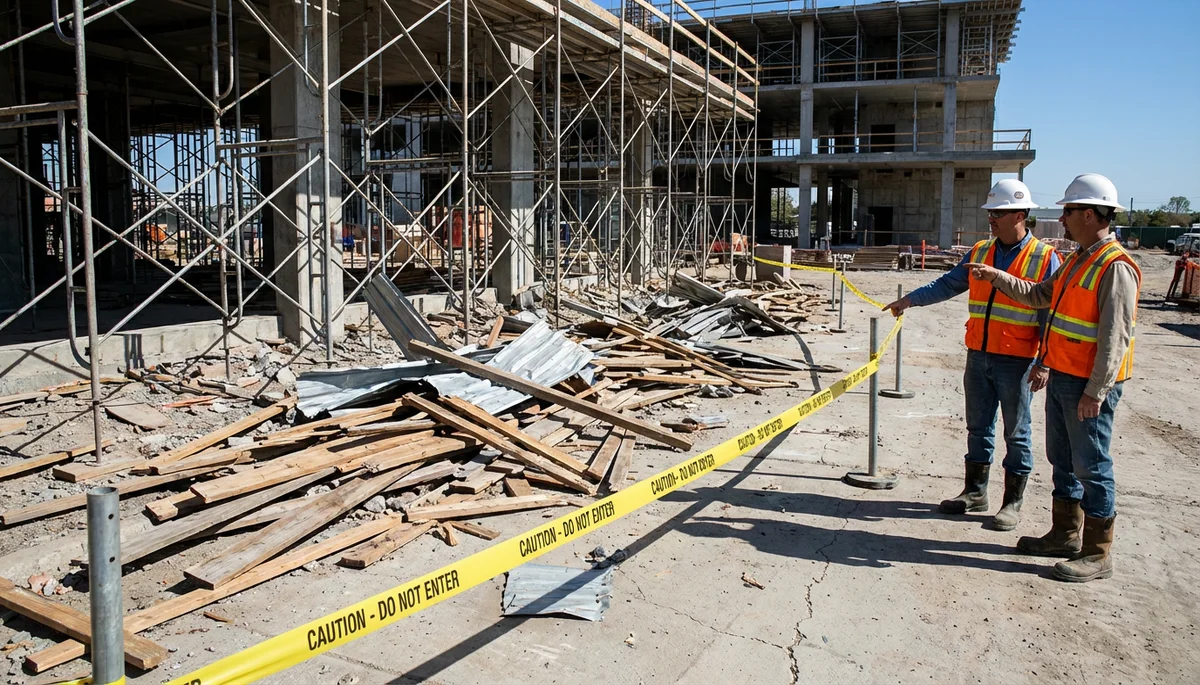 Fallen construction materials and debris near scaffolding with caution tape and safety workers investigating, representing scaffold collapse accidents